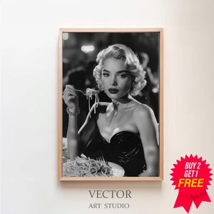 Italian Woman Eating Spaghetti Poster, Black and White, Pasta Print, Kitchen Wall Art, Vintage Food Poster, Restaurant Decor, Pasta Poster