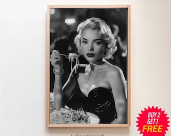 Italian Woman Eating Spaghetti Poster, Black and White, Pasta Print, Kitchen Wall Art, Vintage Food Poster, Restaurant Decor, Pasta Poster