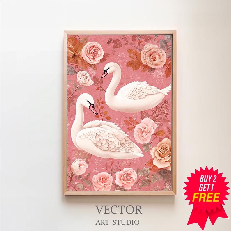 Retro Girly Swan Printable, Light Pink Aesthetic Wall Art, Coquette ...