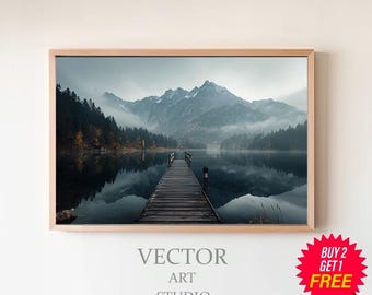 Green Mountain Print and Blue Lake Wall Art | Digital Printable Nature Landscape Art | Instant Download Photography | Minimalist Nature Art
