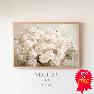 White Flowers Frame Tv Art Oil Painting | Vintage Floral Art for Tv | Digital Download | Samsung Frame Tv Art Rustic Farmhouse Décor