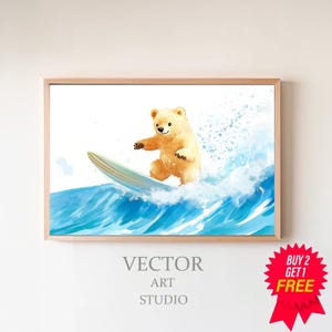 Puede incluir: Una ilustración de acuarela de un oso marrón surfeando en una ola azul. El oso está de pie sobre una tabla de surf con las patas en el aire. La ola está rompiendo detrás del oso, y hay salpicaduras de agua blancas a su alrededor.