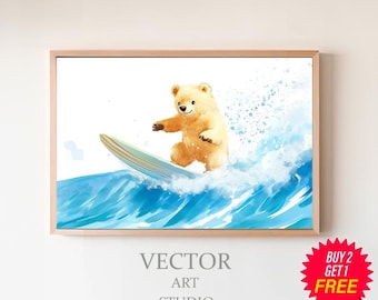 Bear Surfing Art Print Nursery Surf Art Beach Nursery Theme Animal Art Nursery Surf Prints Kids Bedroom Surfing Decor by Bespoke Littles