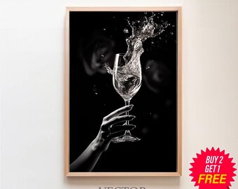 Poster di champagne in bianco e nero, stampa da bar vintage, download digitale, arte murale da cocktail, stampa di alcolici, stampa di carrelli da bar, decorazione da parete, tela