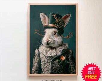 Opi Owens Rabbit Vintage Portrait, Victorian Rabbit Painting, Whimsical Animal, Dark Forest Gallery Wall, Royalcore, Regency Aesthetic