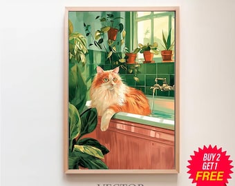 Kat badkamer botanische kunst print poster, badkamer decor kunstwerk, kattenbad muur kunst tropische boho decoratie