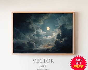 Dark Academia Wall Art, Moody Moon Painting for Bedroom, Gothic Celestial Decor, Vintage Night Sky Poster, Antique Witchy Aesthetic Print