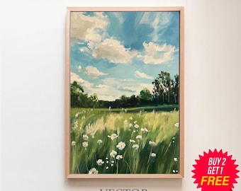 Spring Wildflower Landscape Art - Farmhouse Country Décor Wall Art - Digital Download Printable - Meadow Oil Painting