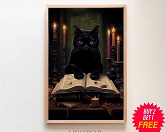 Impresión de bruja de gato negro, arte de gato negro, cartel vintage, academia oscura, victoriano gótico, decoración de brujas, impresión de cartel de arte