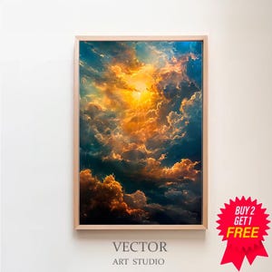 May include: A framed painting of a dramatic sunset sky with vibrant orange, yellow, and blue clouds. The sun is shining brightly in the center of the image, casting rays of light through the clouds. The painting is framed in a light wood frame.