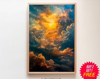 May include: A framed painting of a dramatic sunset sky with vibrant orange, yellow, and blue clouds. The sun is shining brightly in the center of the image, casting rays of light through the clouds. The painting is framed in a light wood frame.