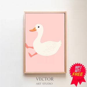 Silly Goose Wall Art, Cute Goose Poster, Light Pink Nursery Decor, Farm Animal Printable, Goose Children's Room, Girl's Room Illustration