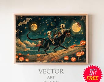 Vintage Halloween Card, Black Cat Print, Halloween Decor, Art Poster Print, Dark Academia, Halloween Decor, Haunting Ghost