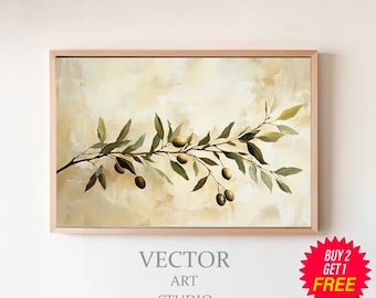 オリーブの枝の絵画 | オリーブの木の植物アート | 落ち着いた色彩