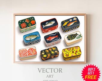 Horizontal Sardine Set Print, Kitchen Wall Art, Sardines Tin Print, Dining Room Decor, Retro Food Art, Anchovy Print, Retro Kitchen Decor