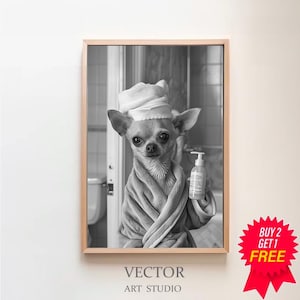 Chihuahua Wall Art, Bathroom Art Print, Cute Dog Photograph, Bathroom wall art, Printable Digital Download, Chihuahua Dog in Bathroom