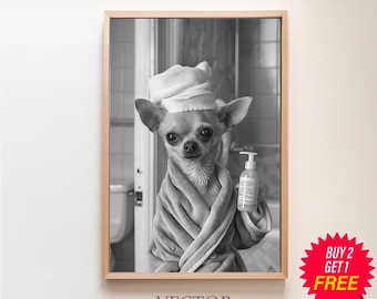 Chihuahua Wall Art, Bathroom Art Print, Cute Dog Photograph, Bathroom wall art, Printable Digital Download, Chihuahua Dog in Bathroom