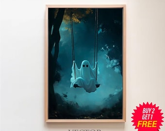 Ghost On The Swing Poster, Sheeted Ghost Art Print, Cute Little Ghost Face Spooky Gothic Printable, Dark Academia Room Decor, Abandoned Art