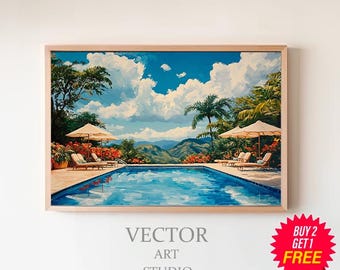 Arte imprimible con ambiente de piscina vintage / Pintura de piscina / Impresión retro de piscina de Palm Springs / Archivo de arte digital de verano retro