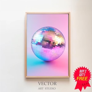 Printable Wall Art, Disco Ball Maximalist Oil Painting, Bright Pastel Purple Girly Poster, Mirror Ball Vivid Print, Trendy Dopamine Decor