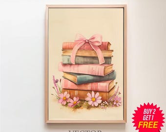 Book Lover Wall Art, Pile of Books, Bookworm Print, Book Nook Room Decor, Poster for Readers, Trendy Watercolor Art, Bow Coquette Aesthetic