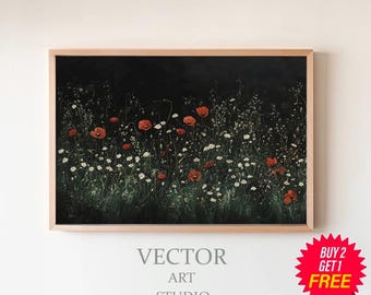 Vintage Dark Floral Printable Art, Moody Botanical Flower Painting Print, Dark Academia Aesthetics Digital Download, Farmhouse Wall Art