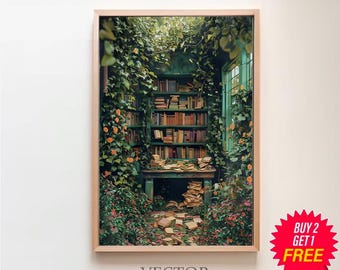 Greenhouse Library Reading Nook Painting Printable, Library Art Print, Bookish Wall Art, Book Lover Fantasy Poster Gift, Bibliophile Decor