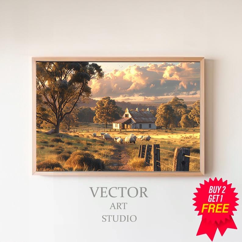 Vintage Outback Homestead Digital Wall Art, Country Landscape