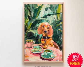 Impressão de Dachshund retrô, decoração de cozinha de cachorro e xícaras de chá vintage, pôster de ilustração de café, arte de parede de sala de jantar, mãe de cachorro, pintura de natureza morta
