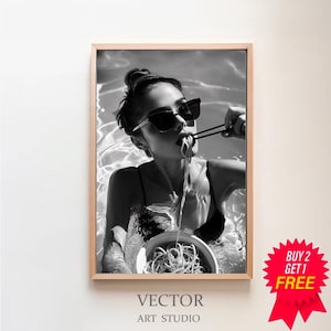 Woman Eating Spaghetti on Water Poster, Black and White Vintage Print, Italian Pasta Print, Kitchen Wall Art, Pasta Poster, Restaurant Decor