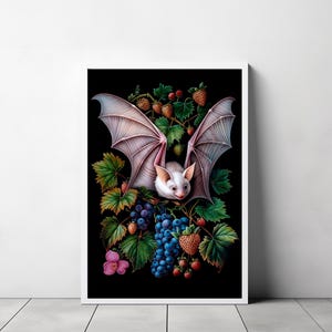 May include: A white bat with pink wings is perched on a branch of a vine with green leaves, purple grapes, and red strawberries.