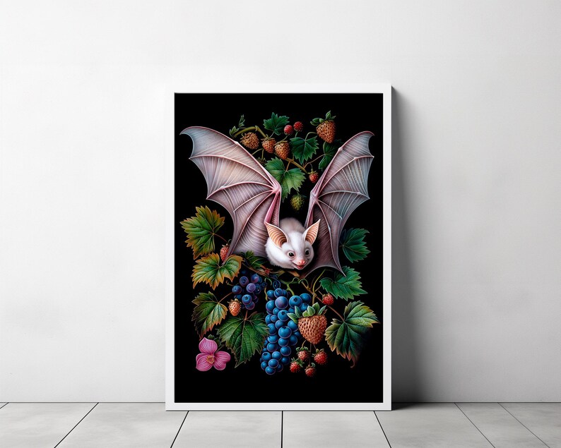 May include: A white bat with pink wings is perched on a branch of a vine with green leaves, purple grapes, and red strawberries.