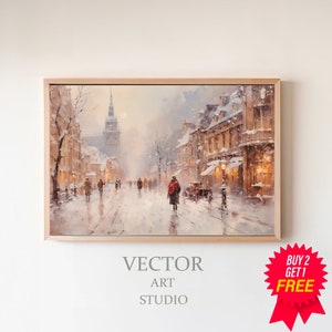 Vintage Winter Town Night Frame Tv Art, Neutral Holiday Winter Village Landscape Painting, Christmas Frame Tv Screensaver