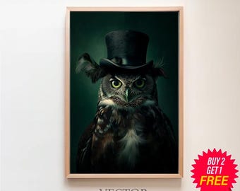 Gentleman Owl Vintage Portrait | Antique Owl Painting, Barn Owl, Dark Academia Decor, Forest Animal, Whimsical Animals, Moody Wall Art