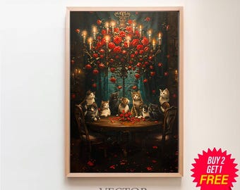 Cat sabbath in Victorian Mansion Dark Academia Cottagecore Antique Oil painting Moody Wall Art Decor Vintage Interior Scene Printable Art