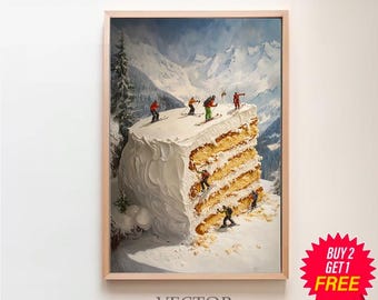 Retro Funky Apres Ski Wall Art Minimal Hoe Decor Mini Skiers On Frosty Cake Print Cozy Ski Cabin Decor Vintage Bar Cart Art Winter Wall Art