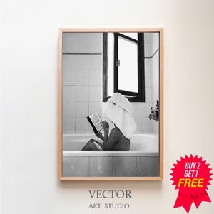 Feminist Poster, Woman Drinking Wine & Reading in Bathtub Print, Black and White, Girls Bathroom Decor, Alcohol Wall Art, Digital Download