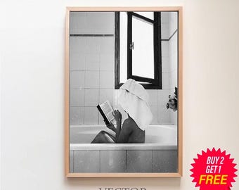 Feminist Poster, Woman Drinking Wine & Reading in Bathtub Print, Black and White, Girls Bathroom Decor, Alcohol Wall Art, Digital Download