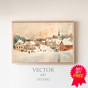 Winter Village Christmas Frame Tv Art, Neutral Small Town Painting, Christmas Decor, Digital Download