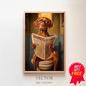 Vizsla auf der Toilette und liest Zeitung, Badezimmer Bilder, Digitaler Download, Vizsla Geschenk, Einrichtung Badezimmer, Funny Dog Picture