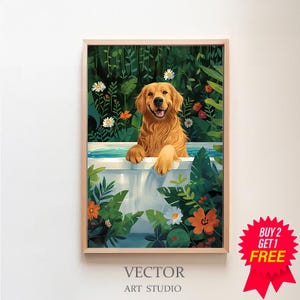 Golden Retriever Wall Art, Boho Jungle Bathtub Print, Maximalist Botanical Decor, Eclectic Tropical Poster, DIGITAL, Cute Dog Mom Owner Gift