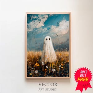 Cute Ghost on a Flower Meadow Vintage Painting, Spooky Farmhouse Halloween Decor, Art Digital Download, Ghost Halloween Edition