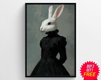 ビクトリア朝のレディラビットアートプリント、ゴシック油絵、擬人化