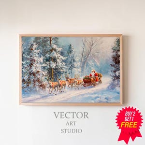 FRAME TV art Santa and Reindeer, Samsung Frame tv art Christmas painting download, Pink Christmas Frame tv art winter landscape
