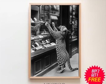Panther in the Jewelry Shop Poster, Cheetah Print, Black and White, Vintage Photography, Fashion Print, Vintage Poster, 1950 Wall Art Poster