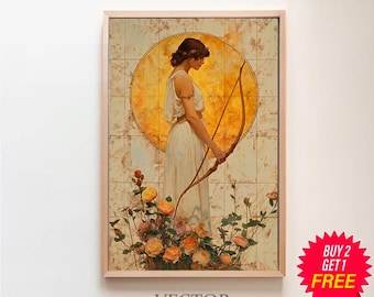 Pôster Artemis Premium Matte, Deusa Grega da Caça, Estilo Art Nouveau, Arte Feminina Divina, Decoração para Casa, Energia Feminina, Mitologia Grega