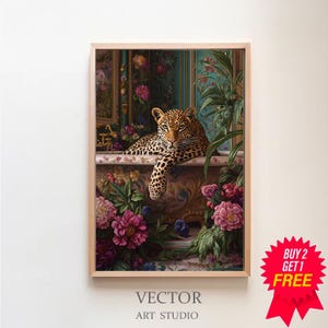 May include: A painting of a leopard lying in a bathtub surrounded by lush green plants and pink flowers. The leopard has a relaxed expression and is looking directly at the viewer. The bathtub is ornate and has a gold trim. The painting is set in a luxurious and elegant setting.
