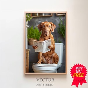 Vizsla auf der Toilette und liest Zeitung, Badezimmer Bilder, Digitaler Download, Vizsla Geschenk, Einrichtung Badezimmer, Funny Dog Picture