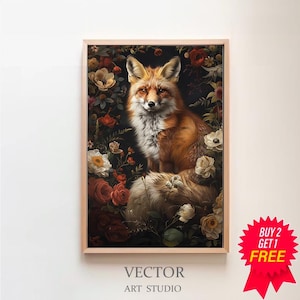 Fox in Deep Magic Forest core Dark Cottagecore Academia Floral Botanical Wall Art Decor Moody Retro Oil painting Printable Digital Download