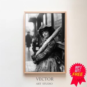 French Woman With Baguette and Wine Wall Art, Streets of Paris France 1940s, Black and White Print, Retro Wall Decor, Vintage Photo
